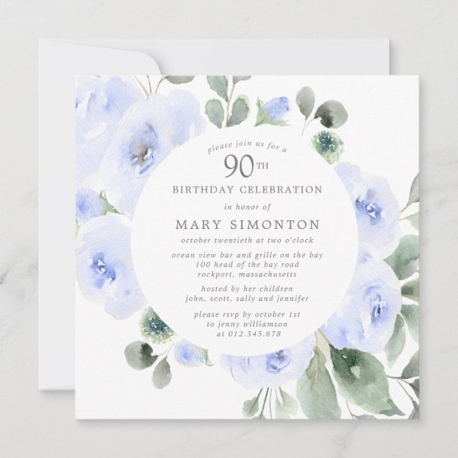  Blue Rose Floral Eucalyptus 90th Birthday Party Invitation (Front)