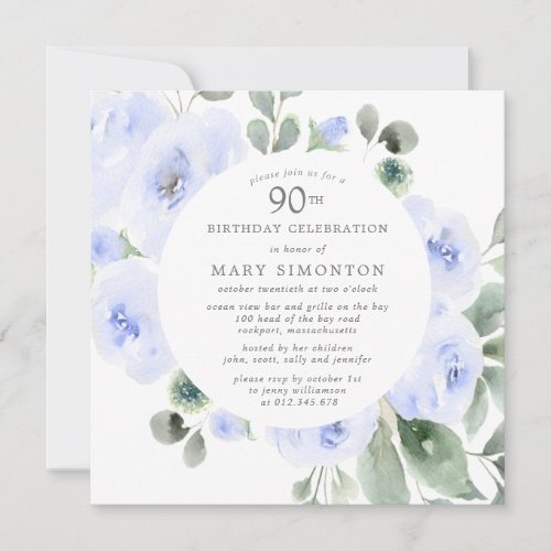  Blue Rose Floral Eucalyptus 90th Birthday Party Invitation