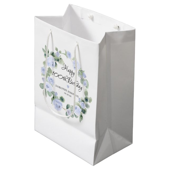Blue Rose Floral Eucalyptus Wreath 100th Birthday Medium Gift Bag (Front Angled)