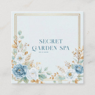Blue Rose Floral Gold Frame Watercolor Sage Square Business Card