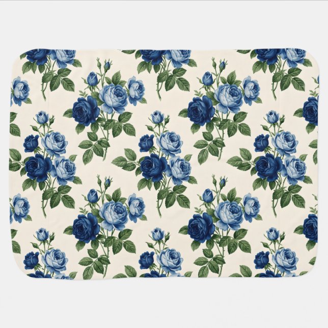 Blue Rose Floral Pattern Baby Blanket (Horizontal)