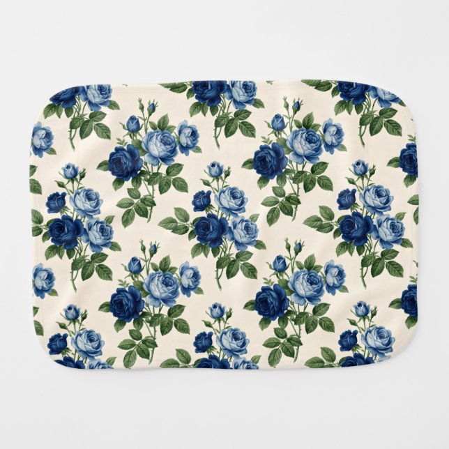 Blue Rose Floral Pattern Baby Burp Cloth (Front Horizontal)
