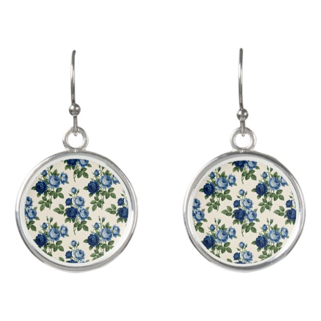 Blue Rose Floral Pattern Earrings (Front)