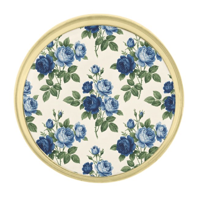 Blue Rose Floral Pattern Gold Finish Lapel Pin (Front)