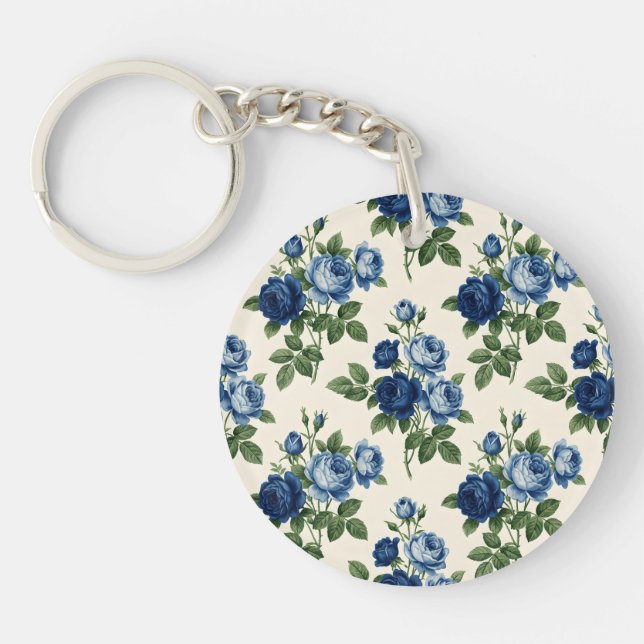 Blue Rose Floral Pattern Keychain (Front)