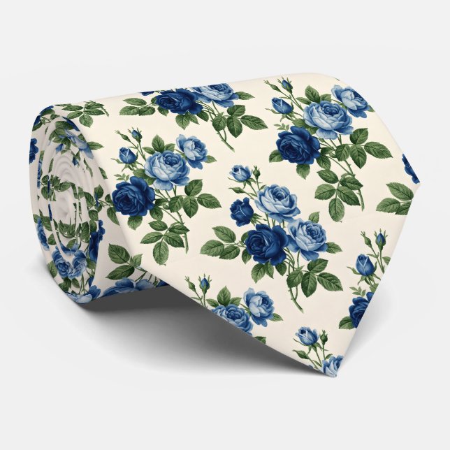 Blue Rose Floral Pattern Neck Tie (Rolled)