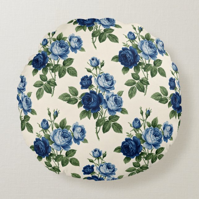 Blue Rose Floral Pattern Round Pillow (Front)