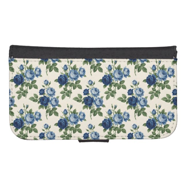 Blue Rose Floral Pattern Samsung Galaxy Wallet Case (Front (Horizontal))