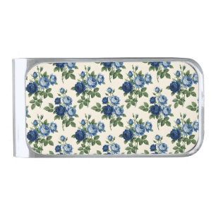 Blue Rose Floral Pattern Silver Finish Money Clip