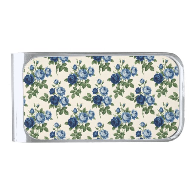 Blue Rose Floral Pattern Silver Finish Money Clip (Front)
