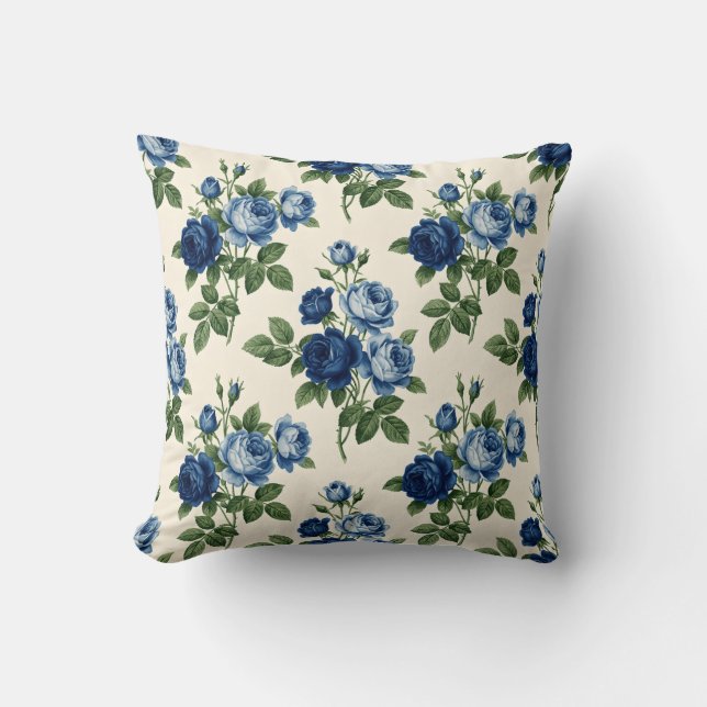 Blue Rose Floral Pattern Throw Pillow (Front)