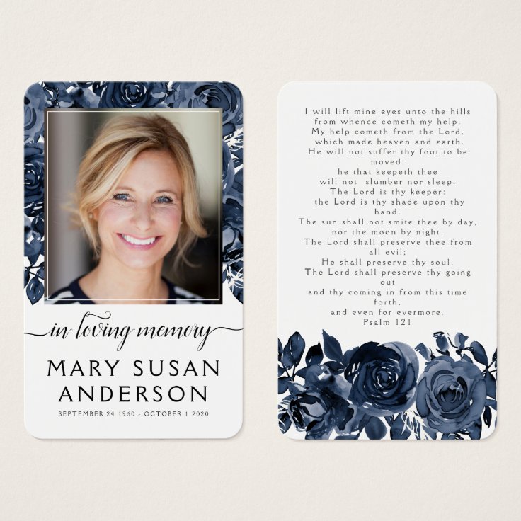 Blue Rose Floral Photo Memorial Prayer Card | Zazzle