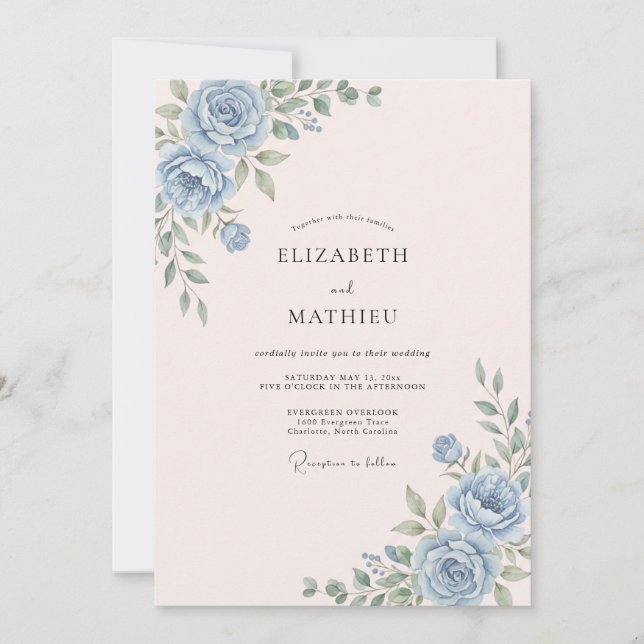 Blue Rose Floral Wedding Invitation (Front)