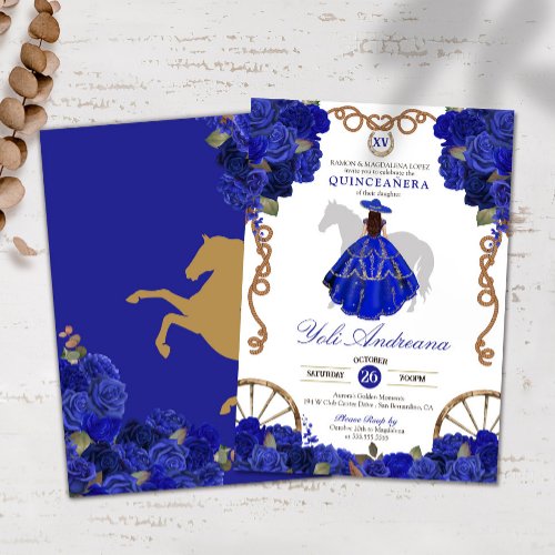 Blue Rose Floral Western Charra Quinceaera Invitation