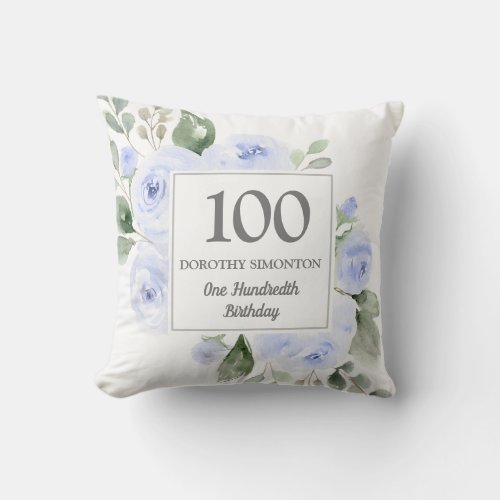 Blue Rose Floral Womans 100th Birthday Party Gift Throw Pillow