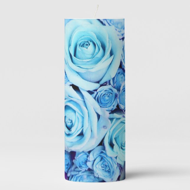 Blue Rose Flower Bouquet Pillar Candle (Front)