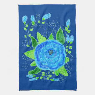 Blue Rose Flowered Tea Towel