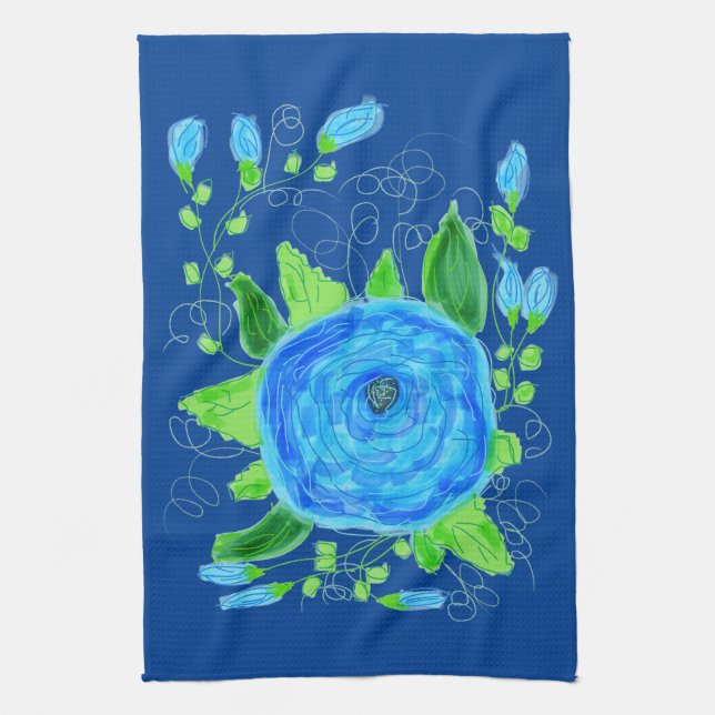 Blue Rose Flowered Tea Towel (Vertical)