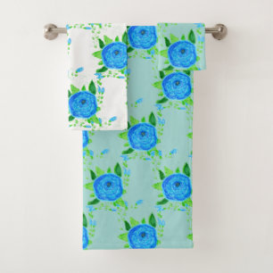 Blue Rose Flowered With Teal Bath Towel Set