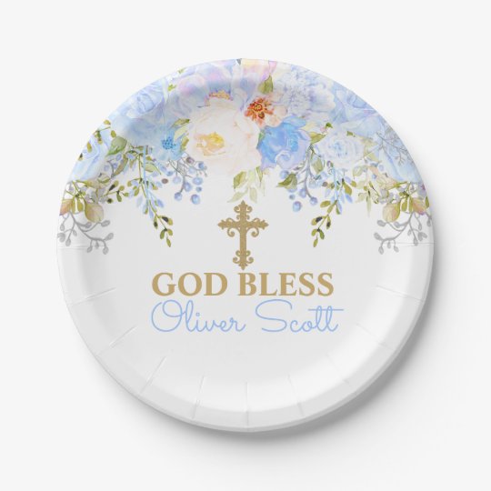 Blue Rose Garden Baptism Personalized Paper Plates