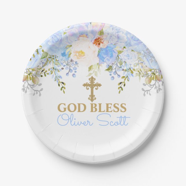 Blue Rose Garden Baptism Personalized Paper Plates (Front)
