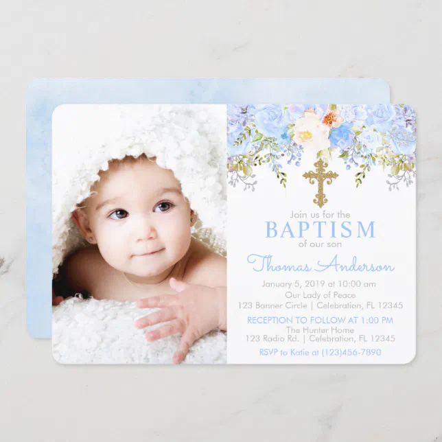 Blue Rose Garden Baptism Photo Invitation | Zazzle