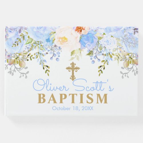 Blue Rose Garden Blue  Gold Baptism Guest Book