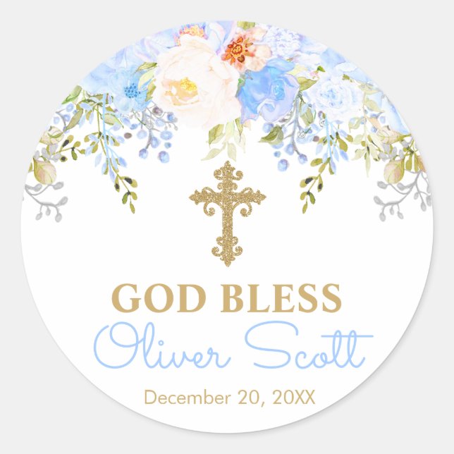 Blue Rose Garden God Bless Baptism Favor Stickers (Front)