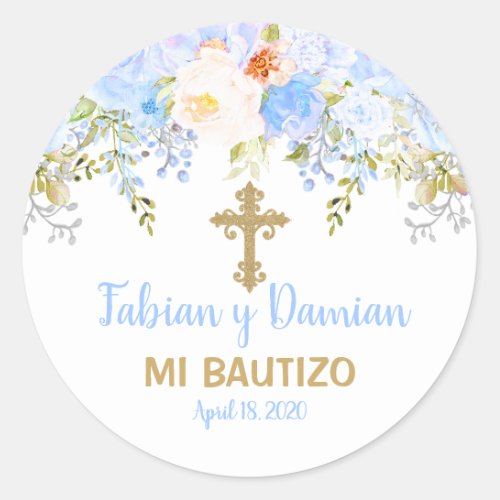 Blue Rose Garden God Bless Baptism Favor Stickers