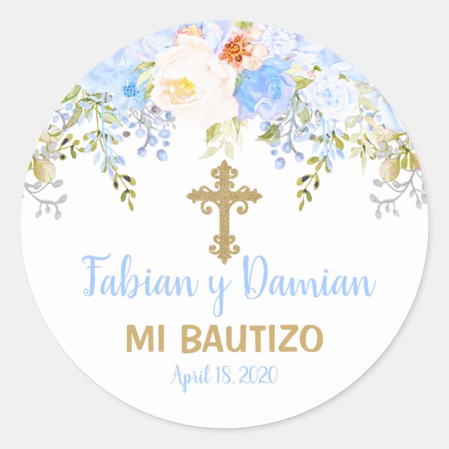 Blue Rose Garden God Bless Baptism Favor Stickers (Front)