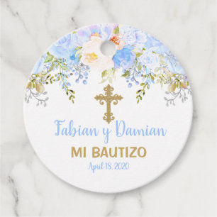 Blue Rose Garden God Bless Baptism Favor Tags