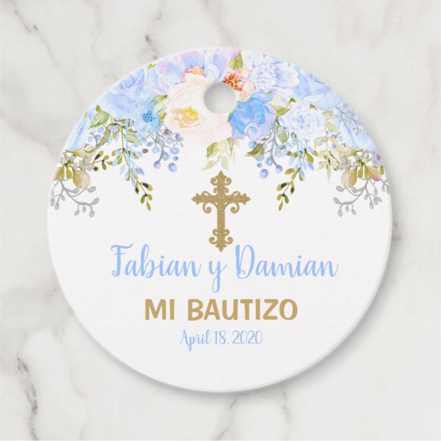 Blue Rose Garden God Bless Baptism Favor Tags (Front)
