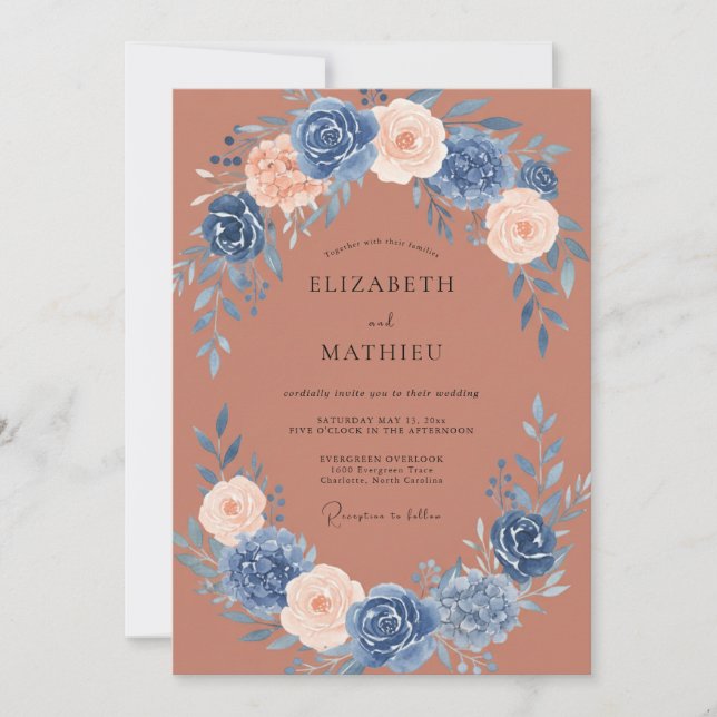 Blue Rose Garland Wedding Invitation (Front)