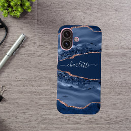 Blue rose gold agate marble name script iPhone 16 case