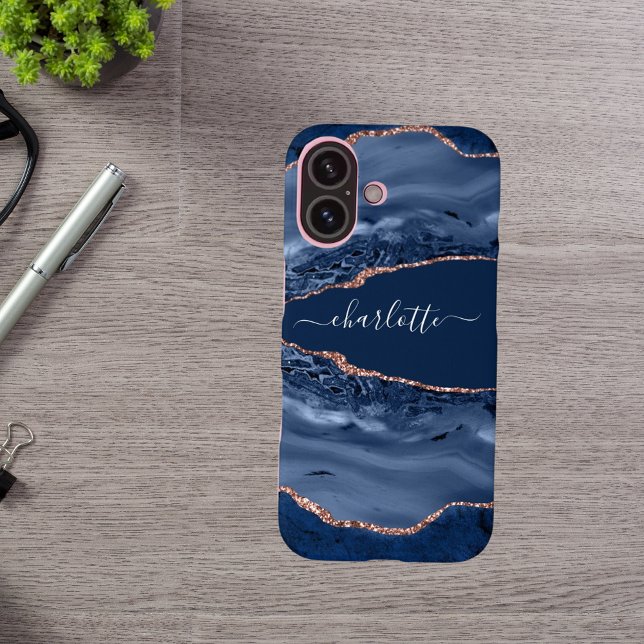 Blue rose gold agate marble name script Case-Mate iPhone case (Creator Uploaded)