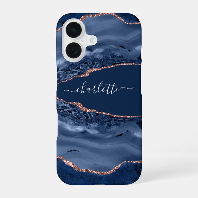 Blue rose gold agate marble name script iphone case (Back)