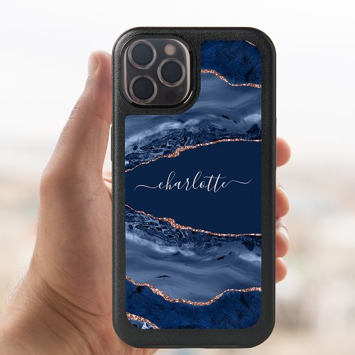 Blue rose gold agate marble name script OtterBox iPhone 14 case