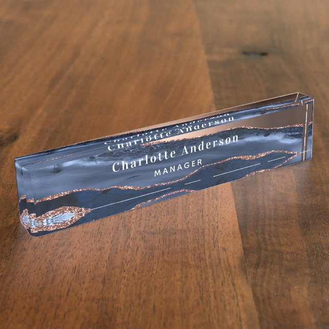 Blue rose gold agate marble name title desk name plate (Side)