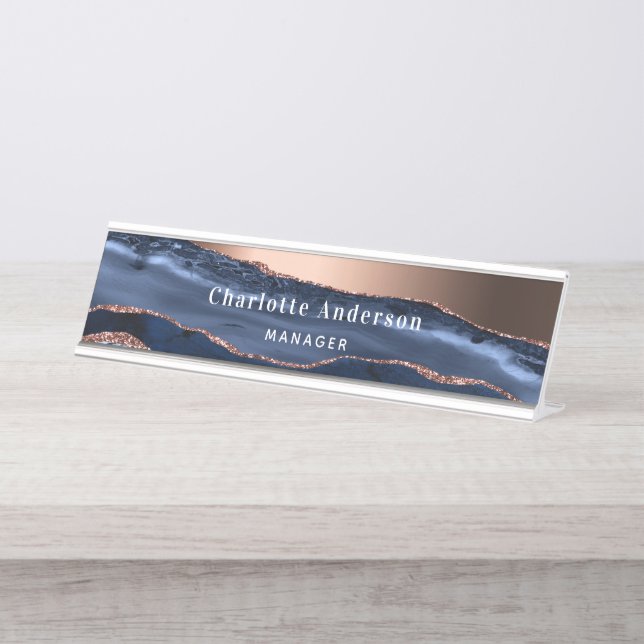 Blue rose gold agate marble name title desk name plate (Front)