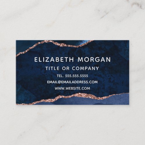 Blue Rose Gold Agate Marble Watercolor Business Card