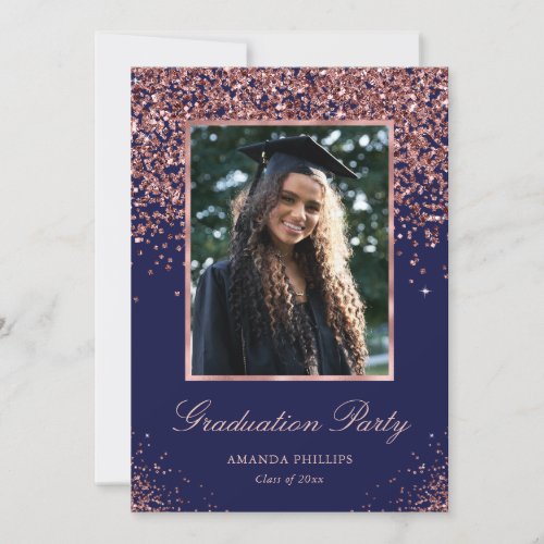 Blue Rose Gold Confetti Photo Graduation Party Invitation