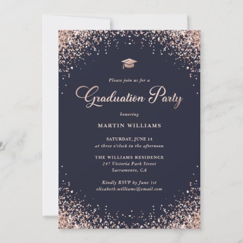 Blue Rose Gold Confetti Script Graduation Party Invitation