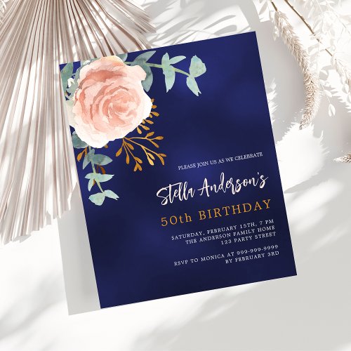 Blue rose gold floral budget birthday invitation