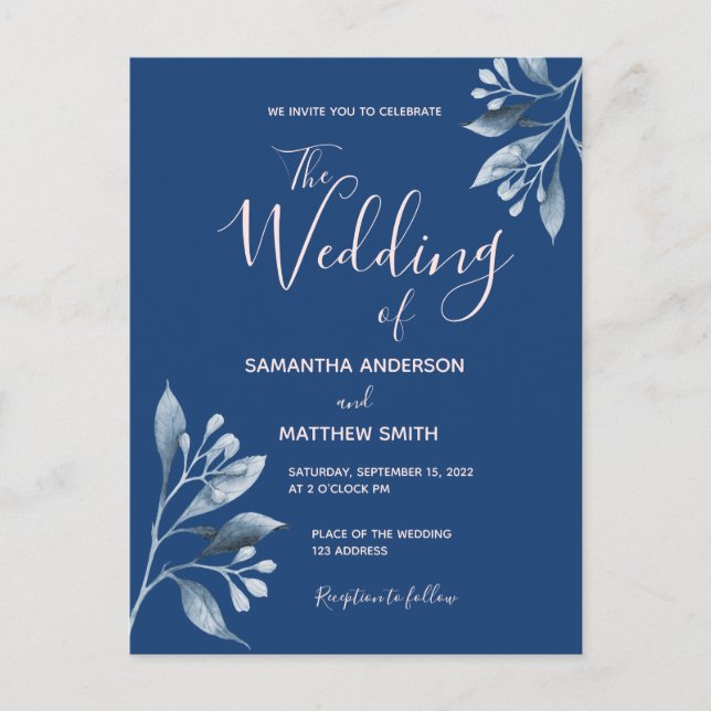 Blue rose gold floral foliage wedding invitation postcard (Front)