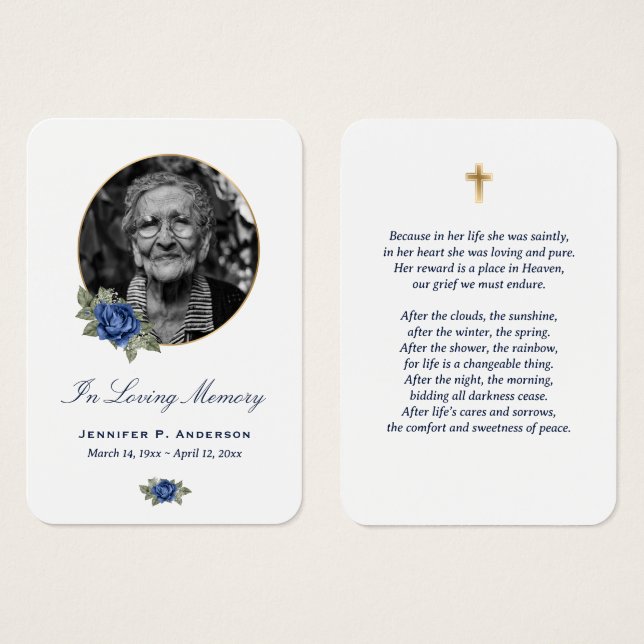 Blue Rose Gold Floral Memorial Cards (Front & Back)