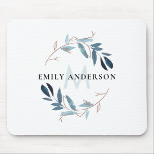 BLUE ROSE GOLD FOLIAGE WATERCOLOR WREATH MONOGRAM MOUSE PAD