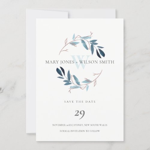 BLUE ROSE GOLD FOLIAGE WREATH SAVE THE DATE CARD