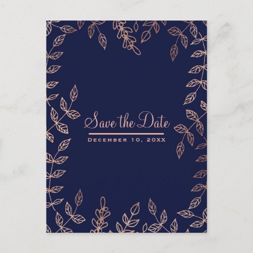 Blue  Rose Gold Glam Botanical Save the Date Announcement Postcard