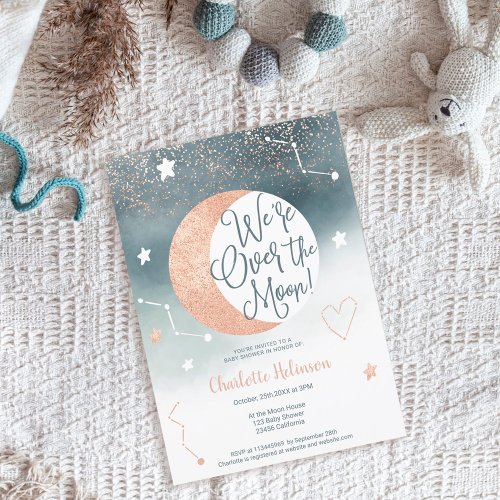 Blue rose gold glitter over the moon baby shower invitation