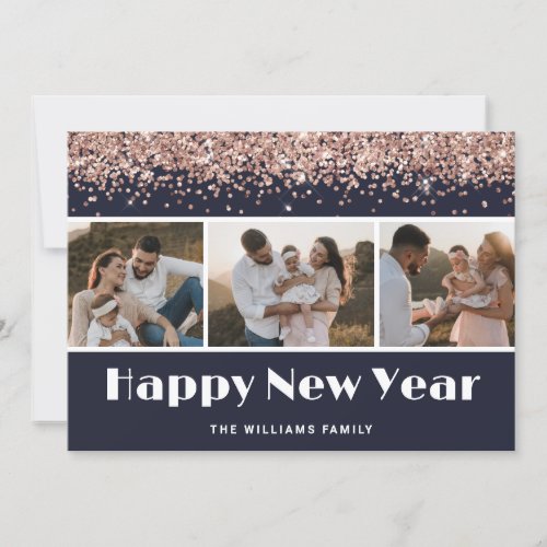 Blue Rose Gold Glitter Photo Happy New Year Card